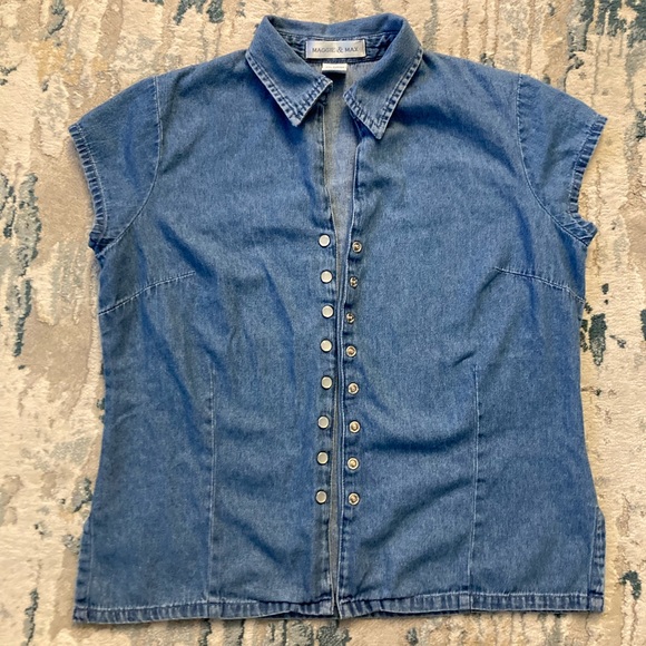 A11 Maggie Max Pearl Snap Button Up Shirt VTG Cap Sleeve Top Denim Blue Jean PS - Picture 3 of 9